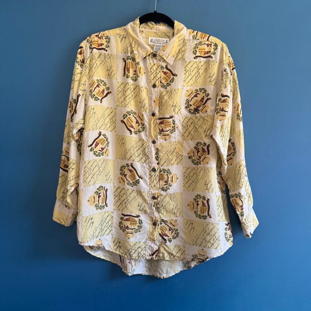Vintage 90s Silk Blouse Women's Size Small Whistles Collared Cursive Script Tan